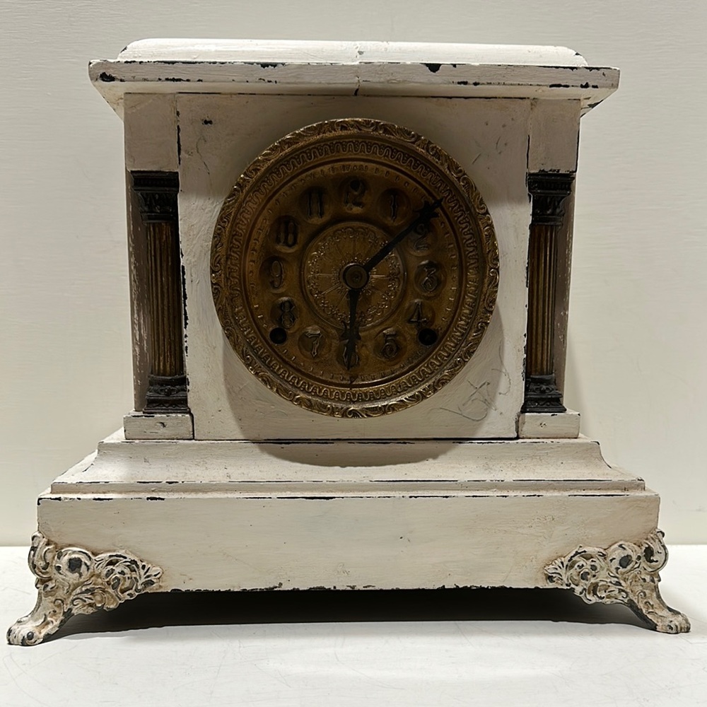 Antique Gold and White Mantel Clock with Ornate Columns